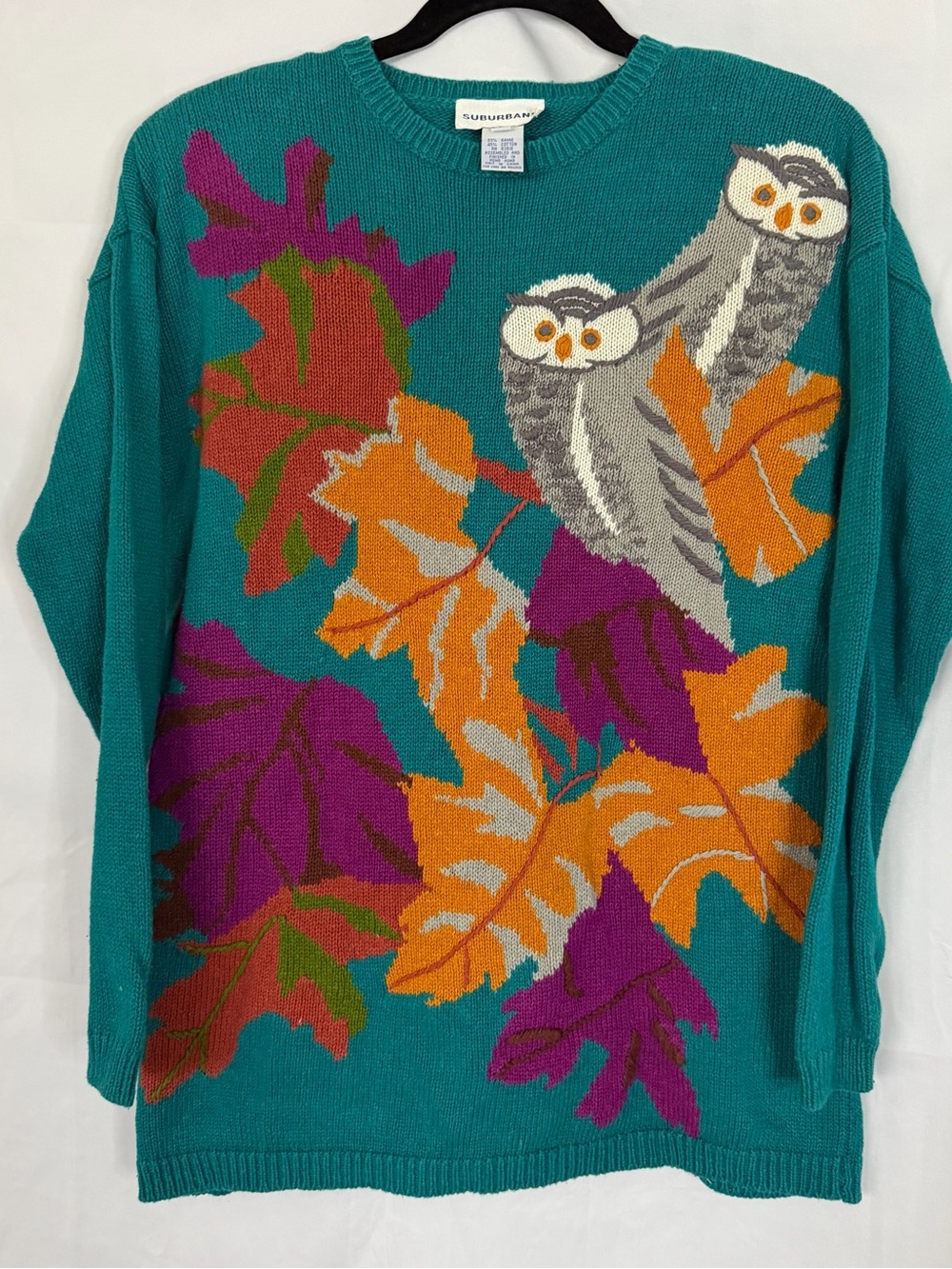 Suburbans Women Petite P Teal Knit Owl Leaf Graphic Crewneck Pullover Sweater